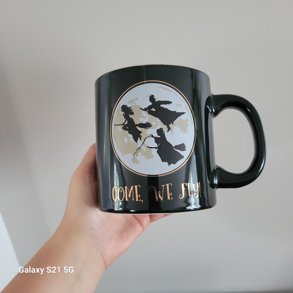 Disney Hocus Pocus Black Mug with Gold and White Witch Design, Come We Fly!